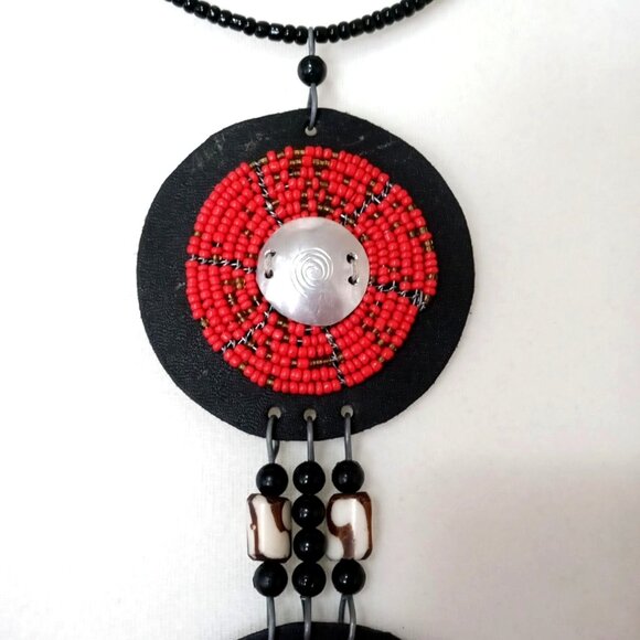 Vintage 80s Maasai Collar Necklace Leather Seed Beads Handmade - Picture 2 of 8